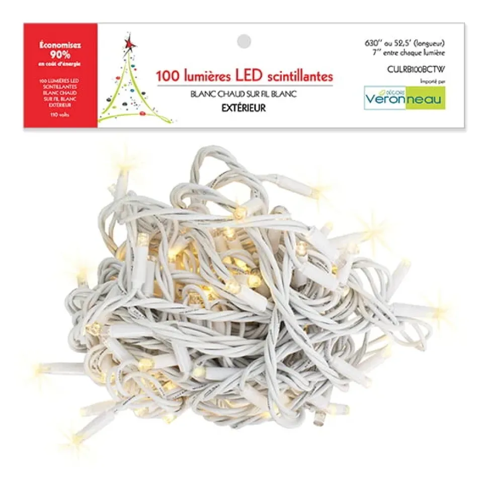 Outdoor 100 twinkling LEDs on white wire, warm white, 52.5′