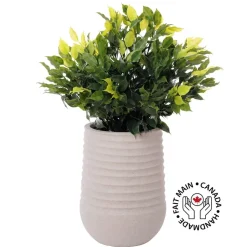 Outdoor artificial ficus topiary in a grey terrazzo beige pot, 28 x 16"