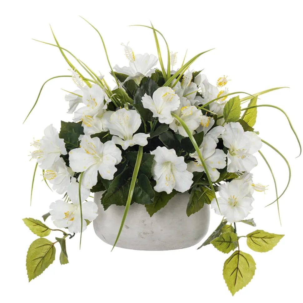 Outdoor artificial white hibiscus flower centerpiece, 14 x 14"