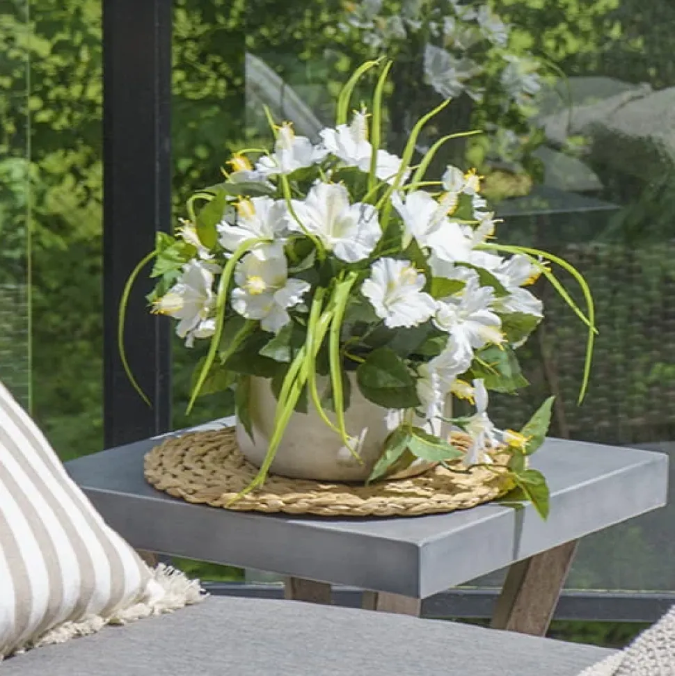 Outdoor artificial white hibiscus flower centerpiece, 14 x 14"