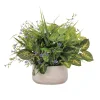 Outdoor centerpiece of small purple flowers and mixed foliage, 14 x 16"