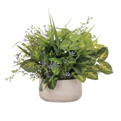 Outdoor centerpiece of small purple flowers and mixed foliage, 14 x 16"