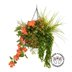 Outdoor hanging flower pot with orange hibiscus, 27 x 20″