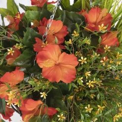 Outdoor hanging flower pot with orange hibiscus, 27 x 20″