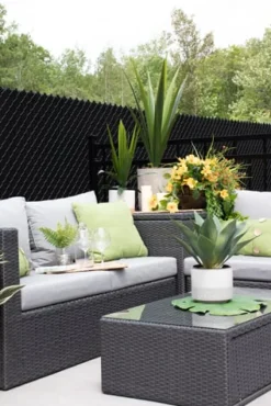 Outdoor hanging flower pot with yellow hibiscus, 27 x 20″