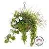 Outdoor hanging flower pot with white geranium, 27 x 20″