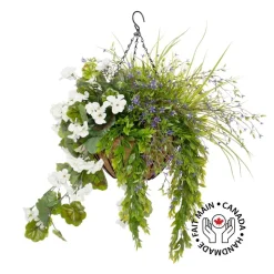 Outdoor hanging flower pot with white geranium, 27 x 20″