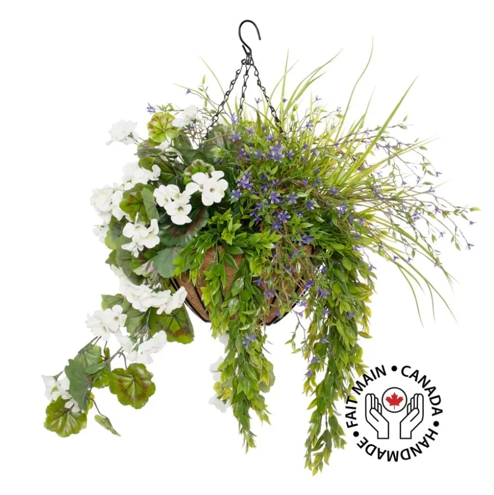 Outdoor hanging flower pot with white geranium, 27 x 20″