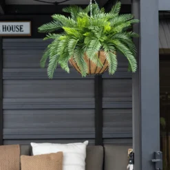 Outdoor hanging plant of artificial cycas, 22 x 32″