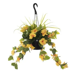 Outdoor hanging planter of yellow hibiscus, 18 x 16″