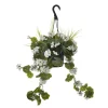 Outdoor hanging planter of white geranium, 18 x 16″