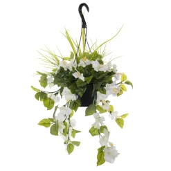 Outdoor hanging planter of white hibiscus, 18 x 16″