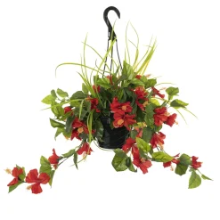 Outdoor hanging planter of red hibiscus, 18 x 16″
