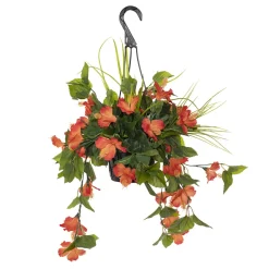 Outdoor hanging planter of orange hibiscus, 18 x 16″
