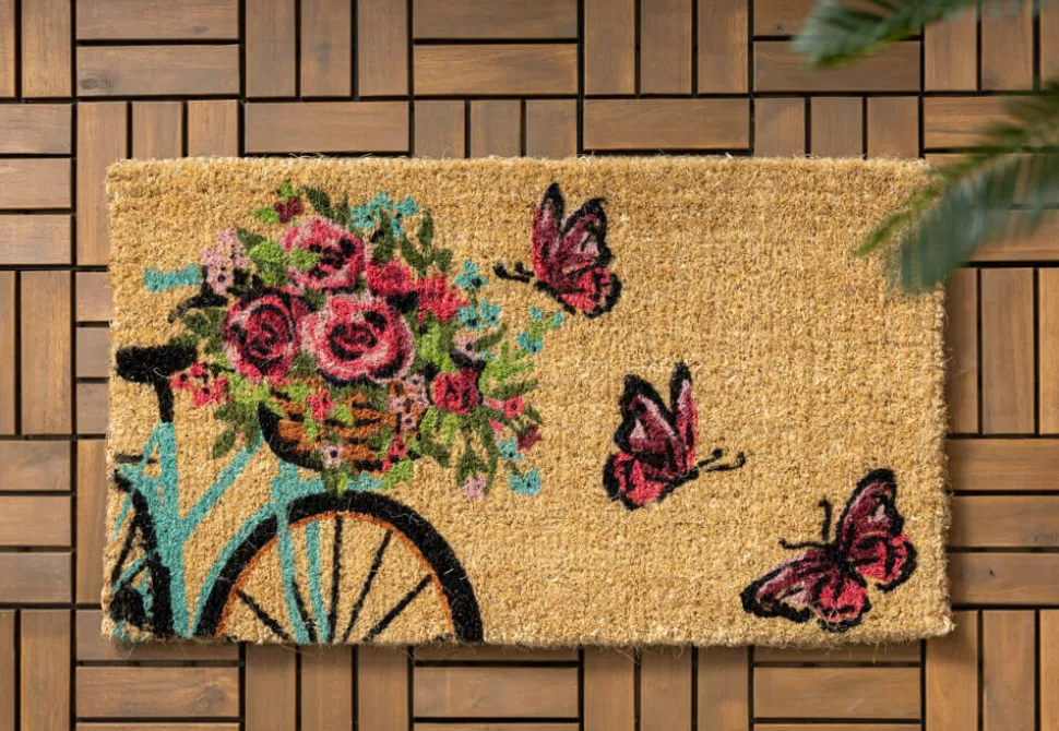 Paillasson à motif de bicyclette et papillons, 18 x 30″