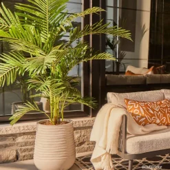 Palmier artificiel extérieur en pot beige fini terrazzo gris, 72″