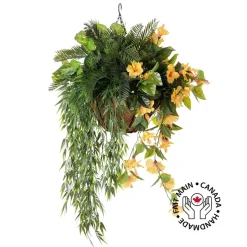Panier suspendu artificiel de cycas et hibiscus jaune, 36 x 22″