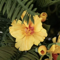 Panier suspendu artificiel de cycas et hibiscus jaune, 36 x 22″