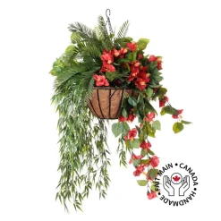 Panier suspendu artificiel de cycas et hibiscus rouge, 36 x 22″