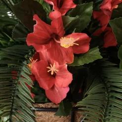 Panier suspendu artificiel de cycas et hibiscus rouge, 36 x 22″
