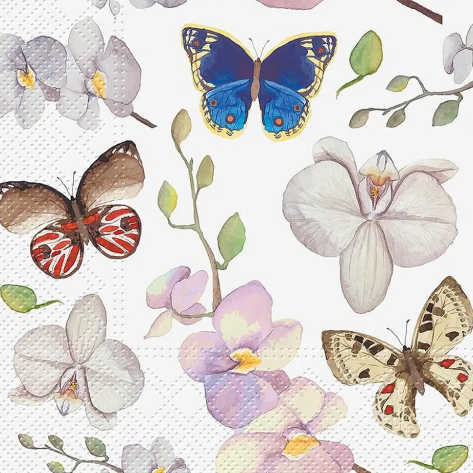Paquet de 20 serviettes de table à motif d’orchidées et papillons, 6,5″