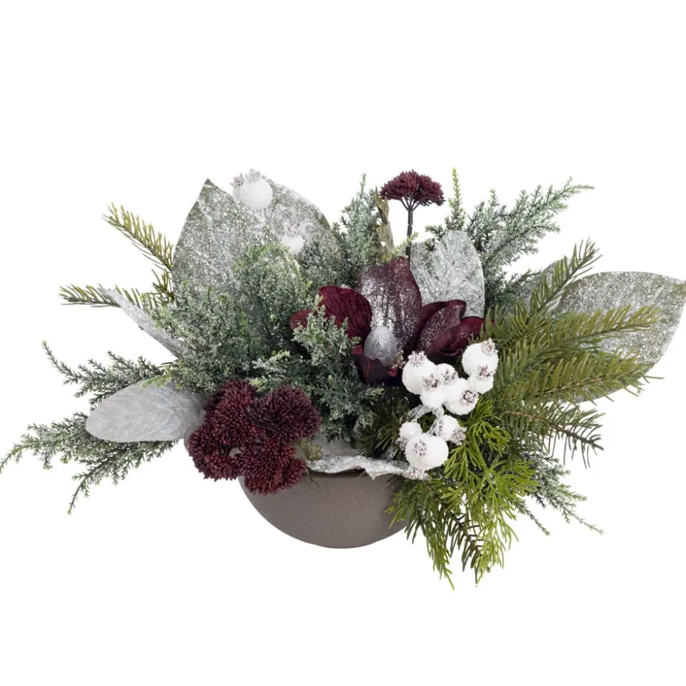 Purple magnolia Christmas centerpiece, 10 x 20"