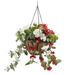 Red and white hibiscus outdoor hanging flower basket, 24 x 22″