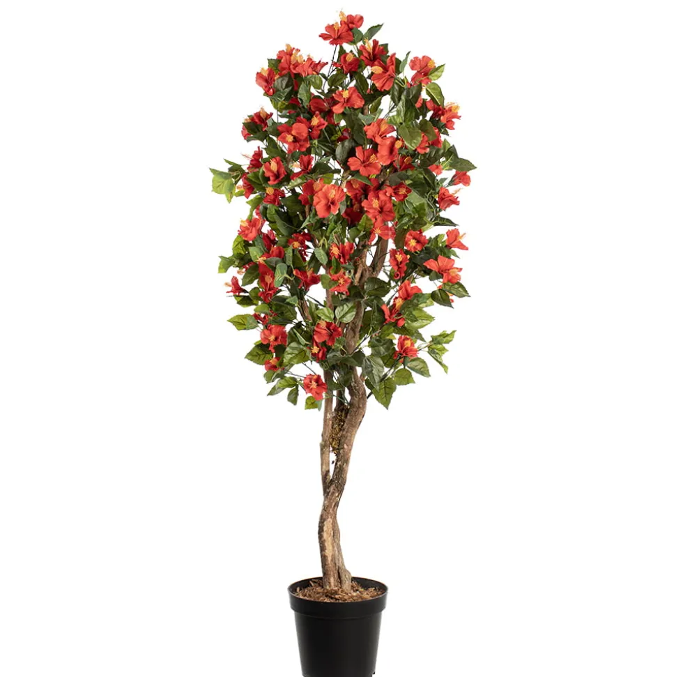Red artificial outdoor hibiscus tree