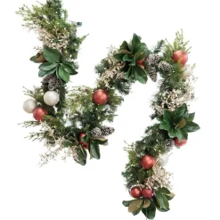 Red ball and magnolia decorated Christmas garland, 7 x 108"