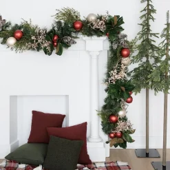 Red ball and magnolia decorated Christmas garland, 7 x 108"