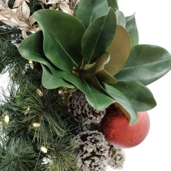 Red ball and magnolia decorated Christmas garland, 7 x 108