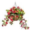 Red hibiscus outdoor hanging flower basket, 24 x 22″