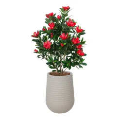 Rhododendron rouge artificiel en pot beige fini terrazzo gris, 52″