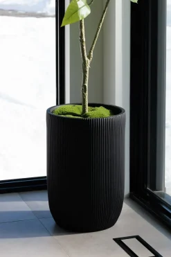 Ribbed black fiber cement pot