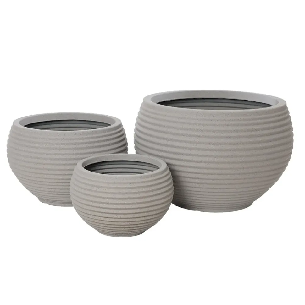 Round beige recycled polypropylene planter with grey terrazzo finish