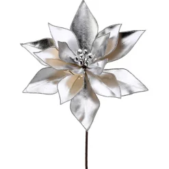 Silver retro poinsettia with jingle bells, 24"