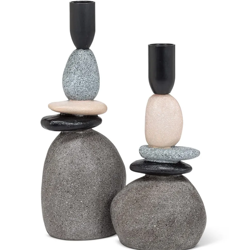 Stacked stone taper candle holder, 7,5"