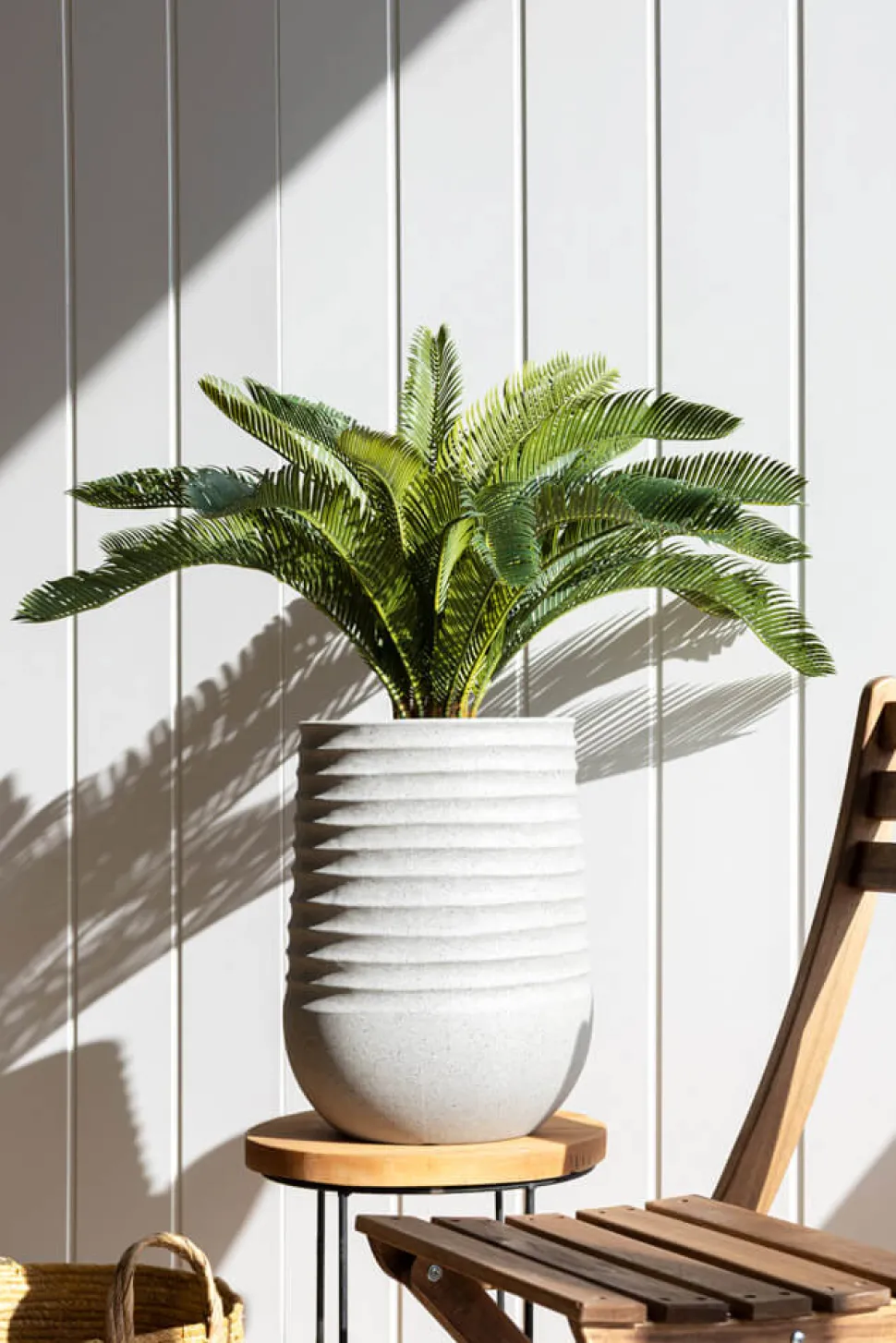 Tall beige textured recycled polypropylene planter with grey terrazzo finish