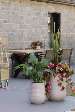 Tall beige textured recycled polypropylene planter with grey terrazzo finish