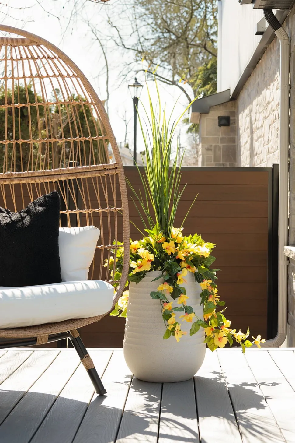 Tall beige textured recycled polypropylene planter with grey terrazzo finish