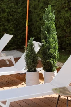 Tall beige textured recycled polypropylene planter with grey terrazzo finish