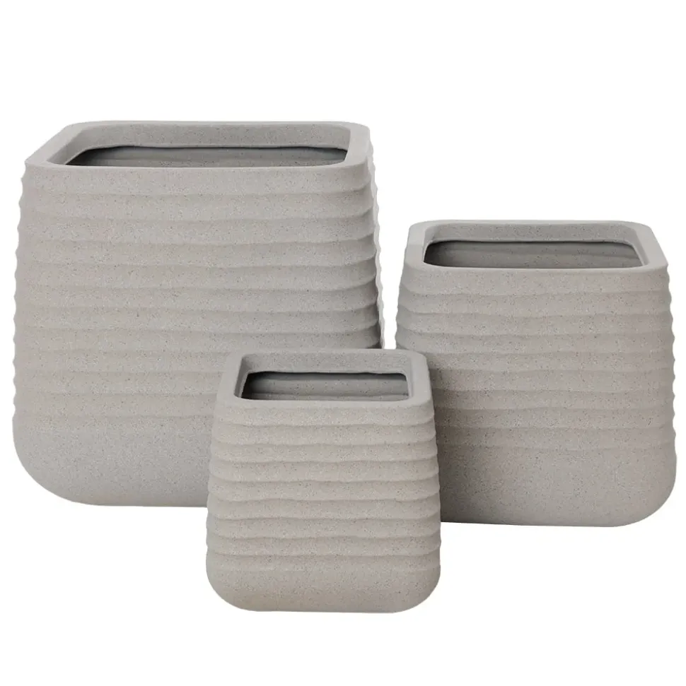 Textured beige recycled polypropylene planter with grey terrazzo finish