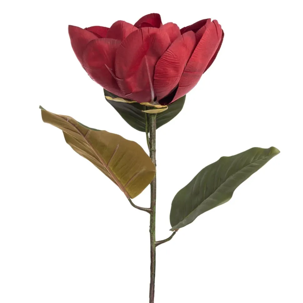 Velvet burgundy magnolia on stem, 24"