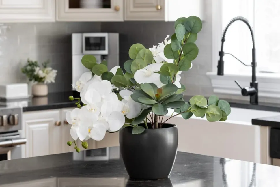 White flower arrangement with succulents