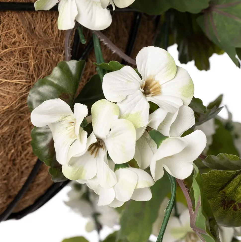 White geranium outdoor hanging flower basket, 24 x 22″