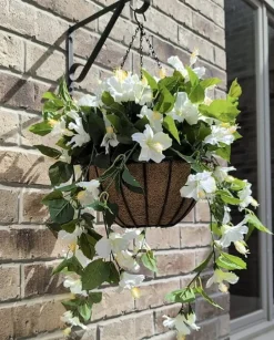White hibiscus outdoor hanging flower basket, 24 x 22″