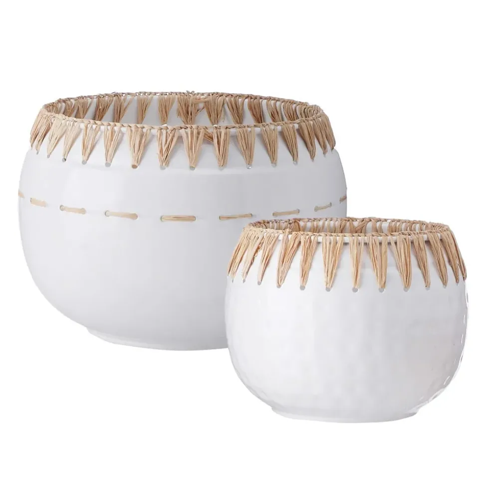 White iron and raffia cachepot