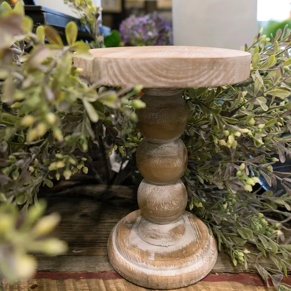 White wash wooden pillar candle holder, large