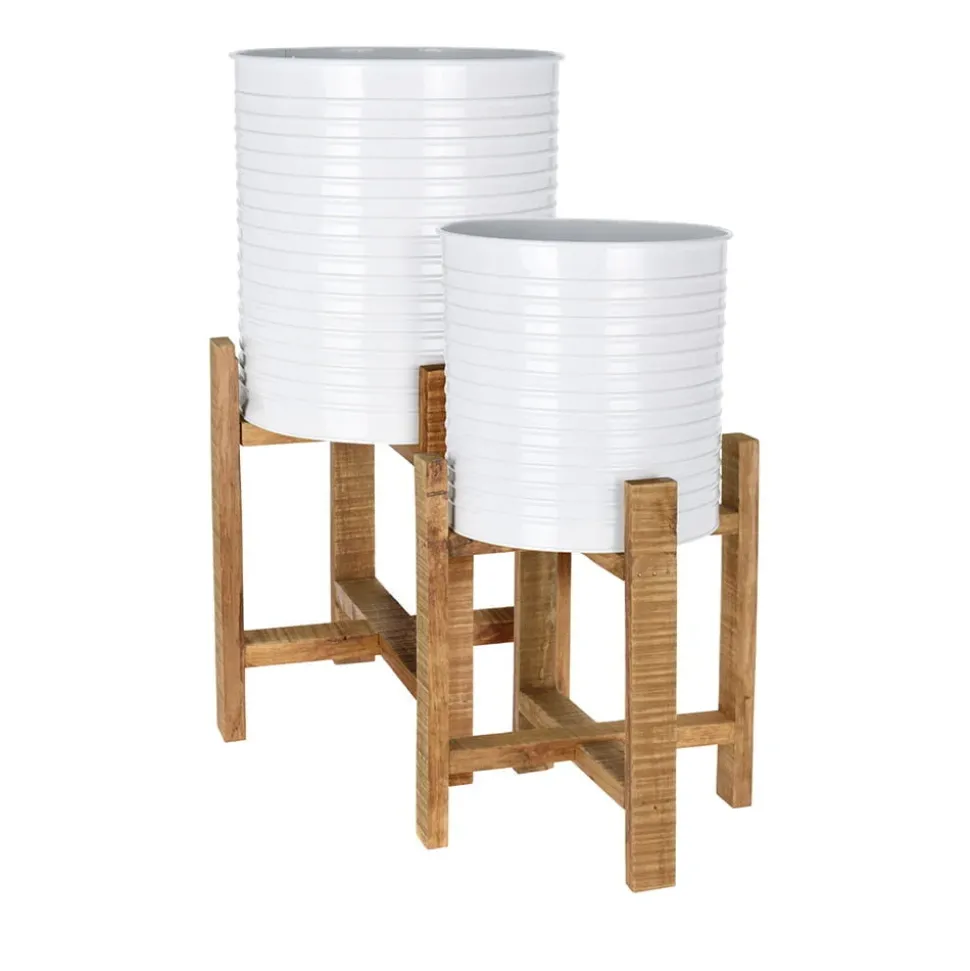 Wooden plant stand with white pot