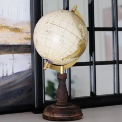 World globe on mango wood stand, 13 x 7″